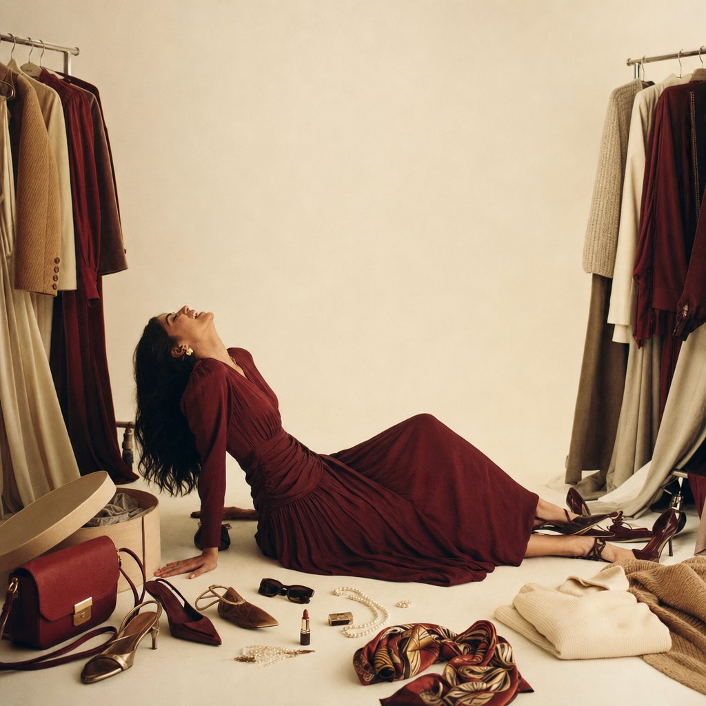 A wardrobe emptied onto the floor, rails either side
